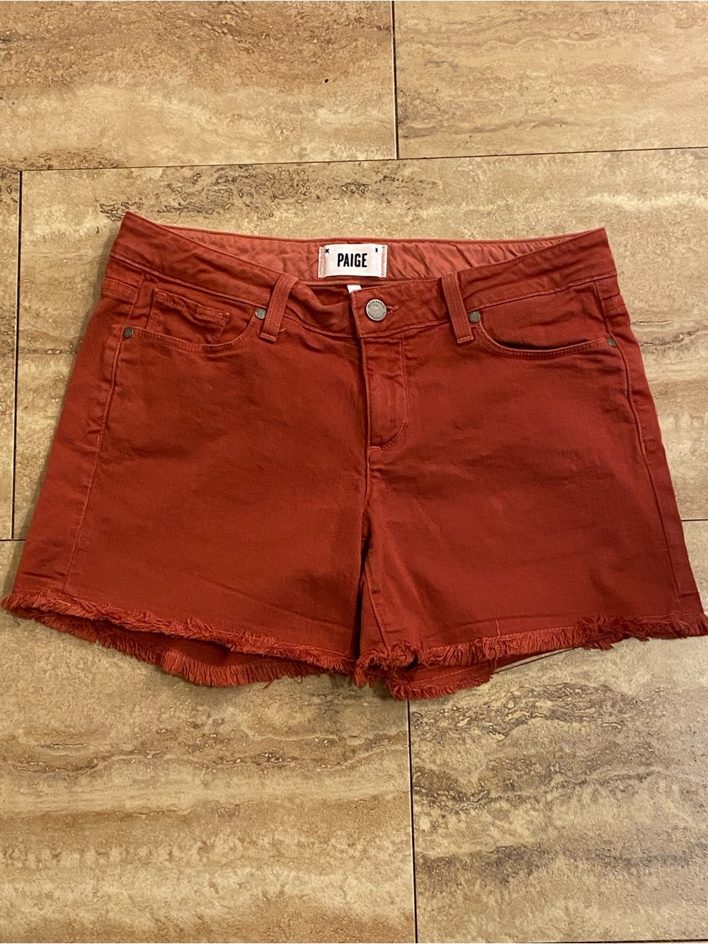 PAIGE Jimmy Jimmy Women's Rust Red Frayed Hem Denim Shorts